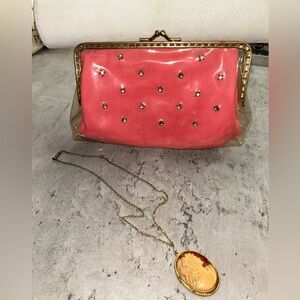 Vintage Clutch with Gold Accents & Cameo Nexklace